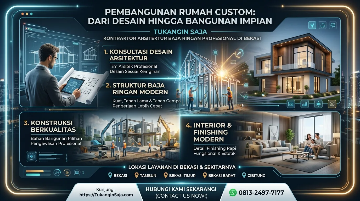 CUSTOMIZED (DISESUAIKAN) Jasa Konstruksi Bangun Renovasi Rumah Bekasi Kontraktor Arsitek Baja Ringan Profesional Tambun Bekasi Timur Bekasi Barat Cibitung 0813-2497-7177